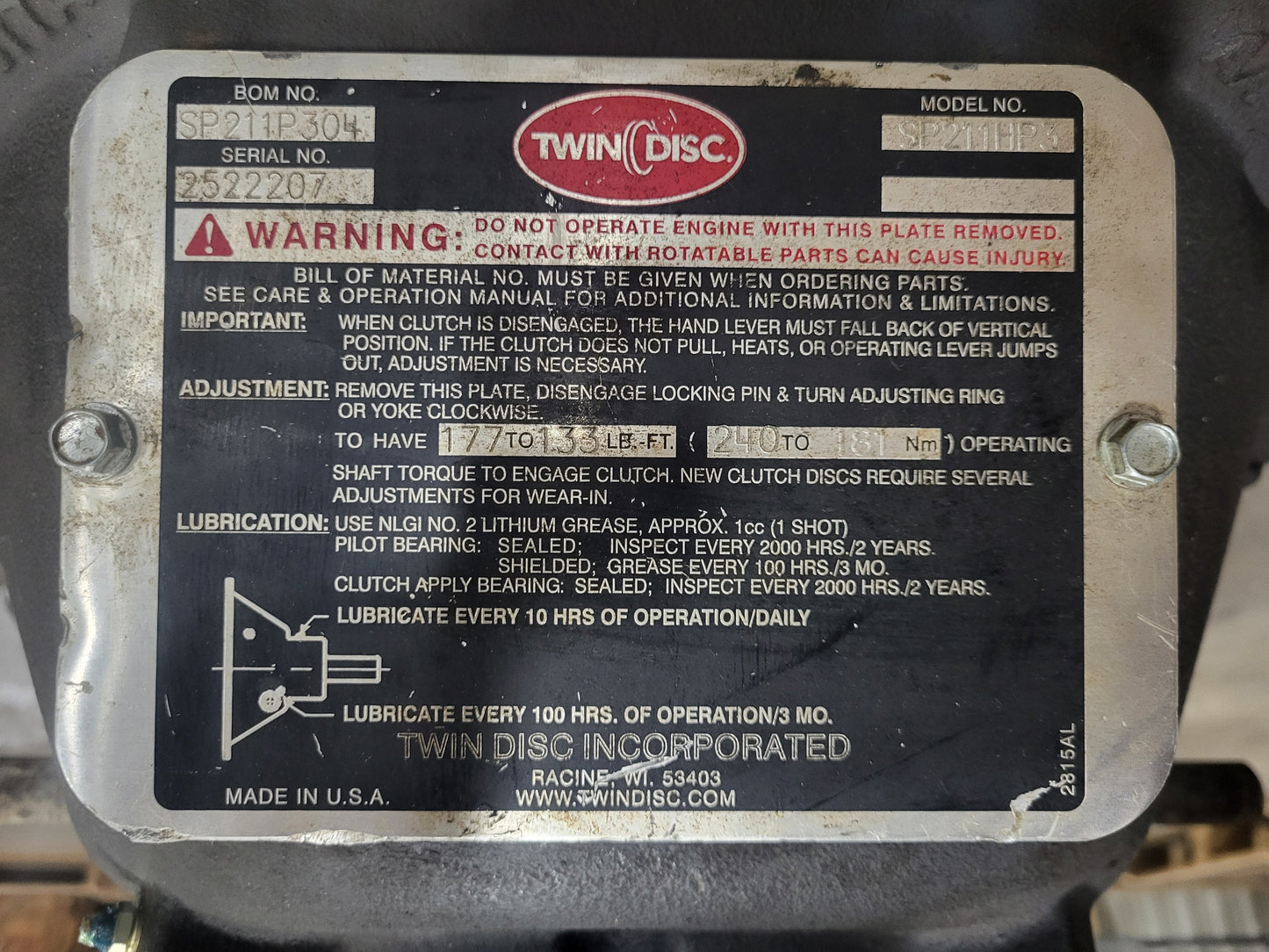 Twin Disc SP211HP3 Power Take Off
