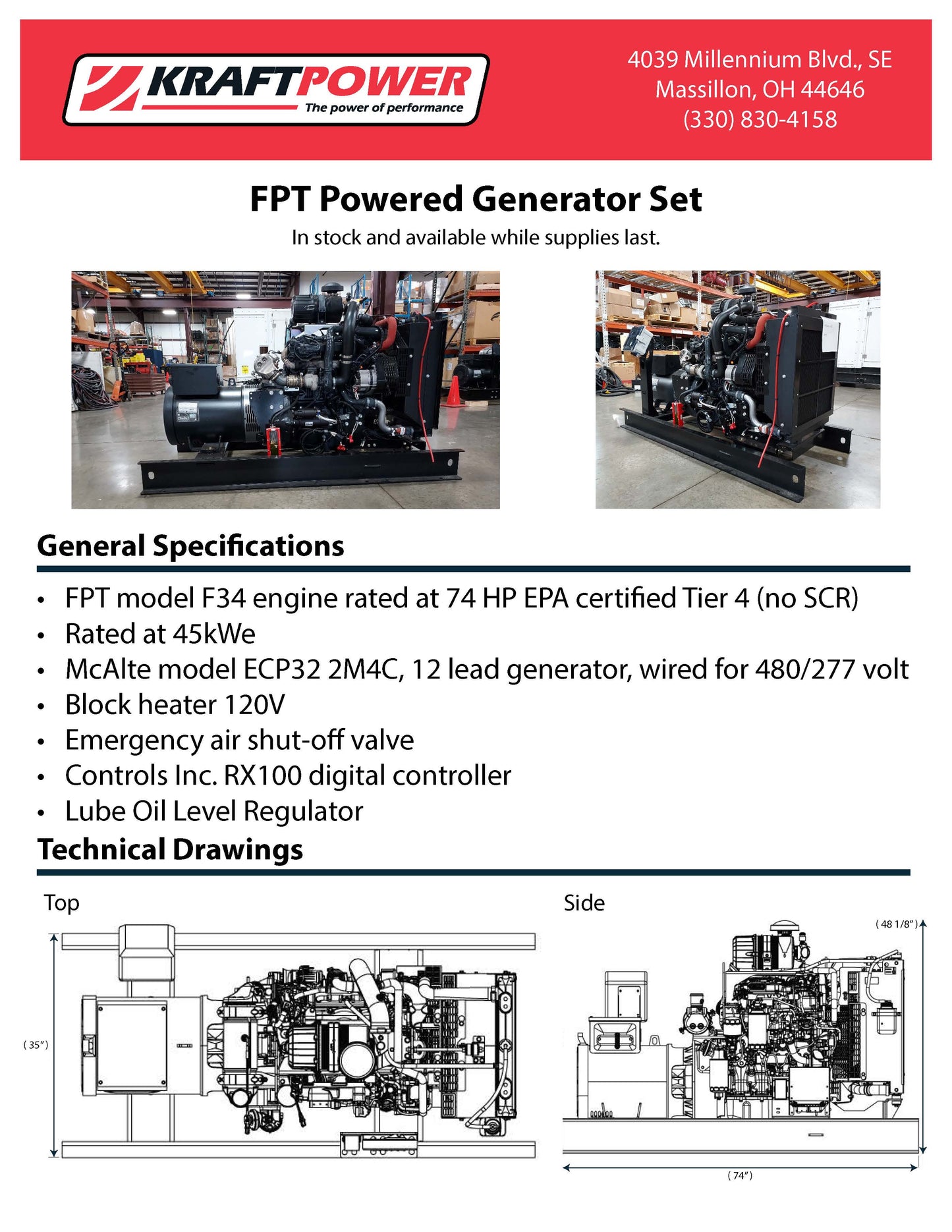 45 KW - Diesel Generator Continuous rating - Tier 4 engine - NEW