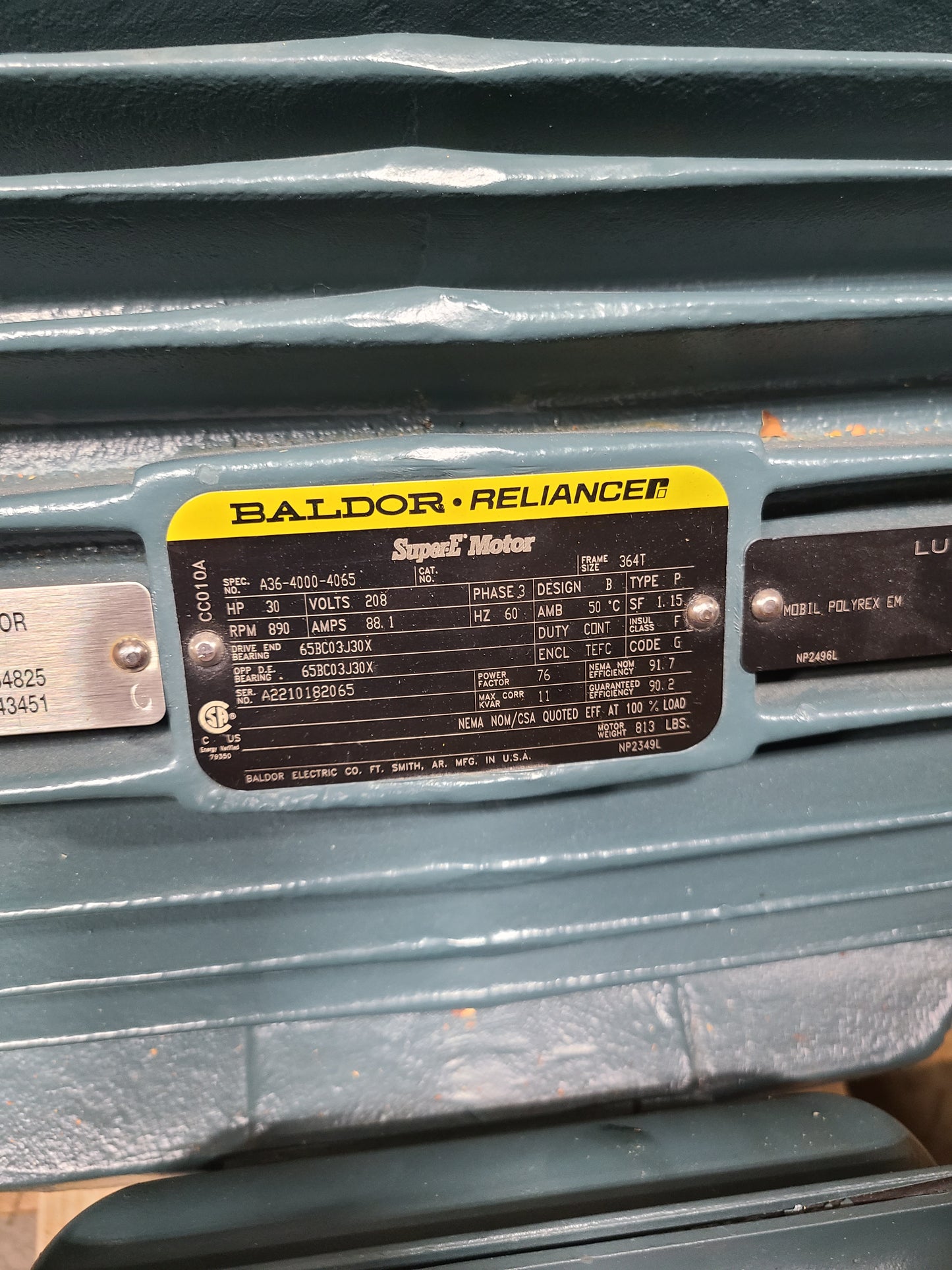 BALDOR 30HP Super-E Motor, 890rpm, 208V, 3phase 364T