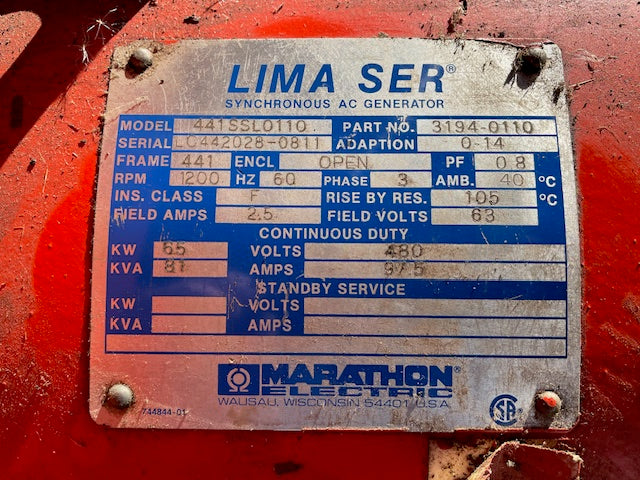 65 KW - Waukesha F817G Generator set - Natural Gas, 480 Vac, 1200 rpm