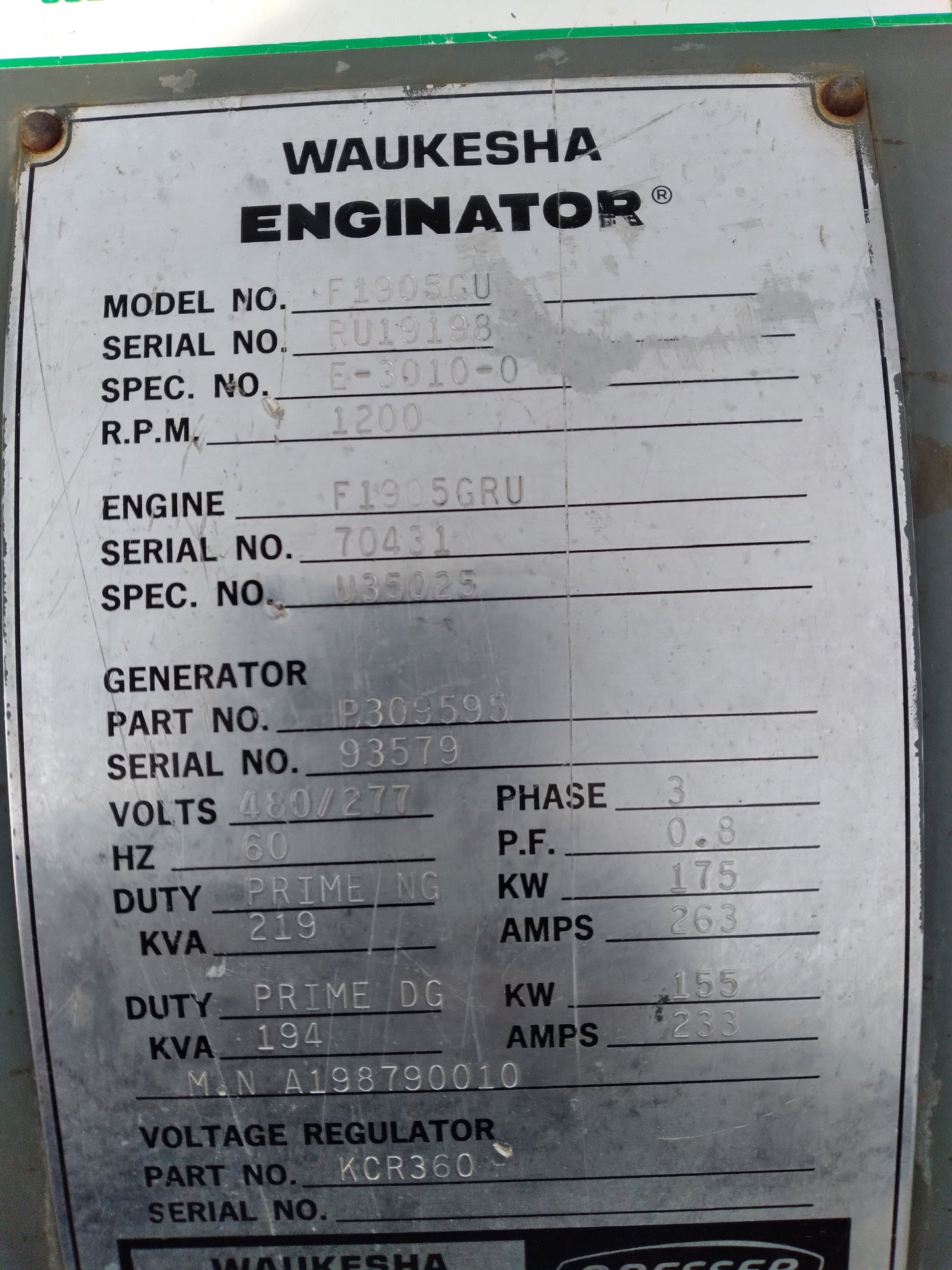 175 kw - Kato Alternator, 480 V AC
