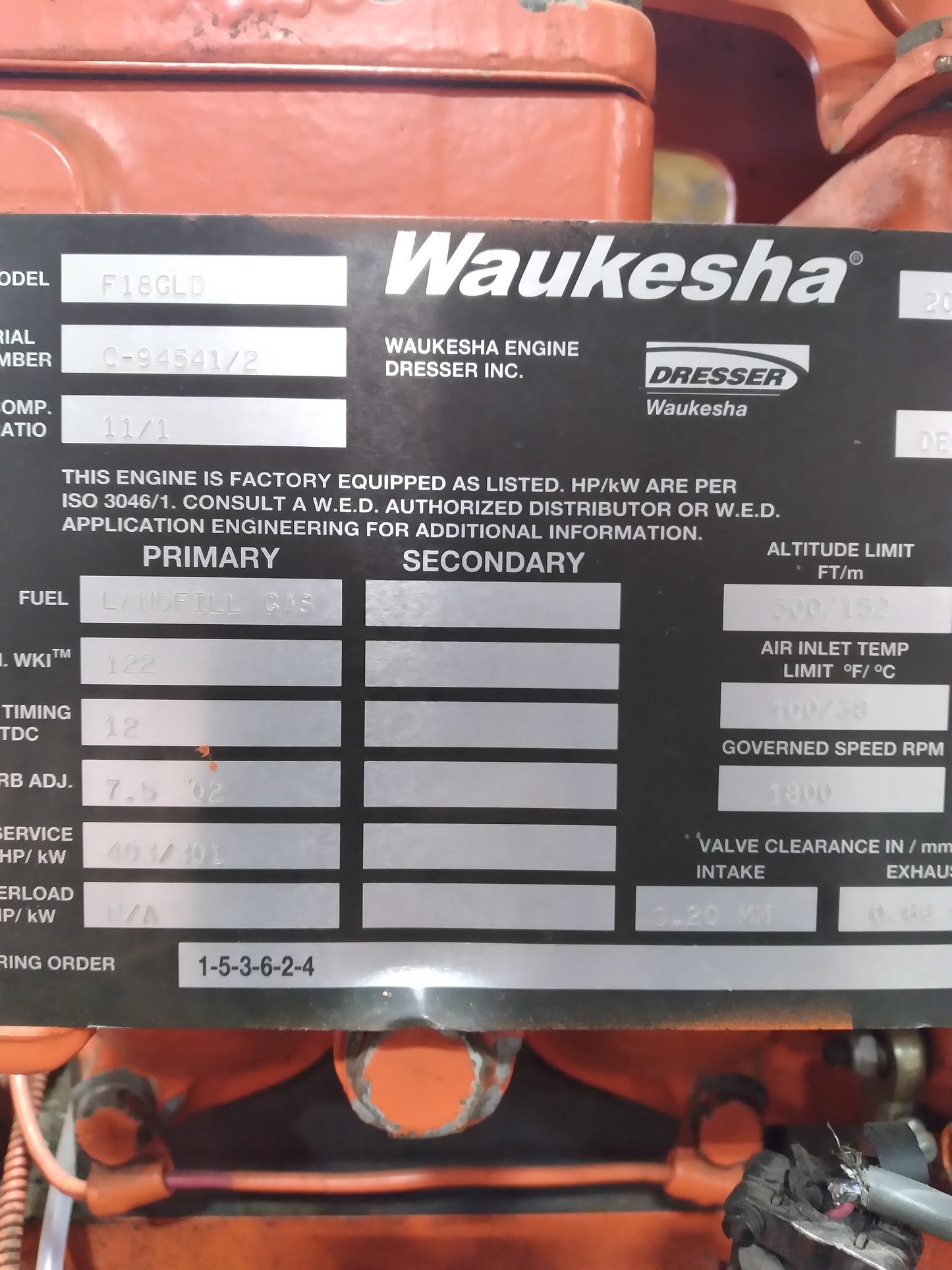 280 KW - WAUKESHA VGF18GLD - GENERATOR SET, USED WAUKESHA