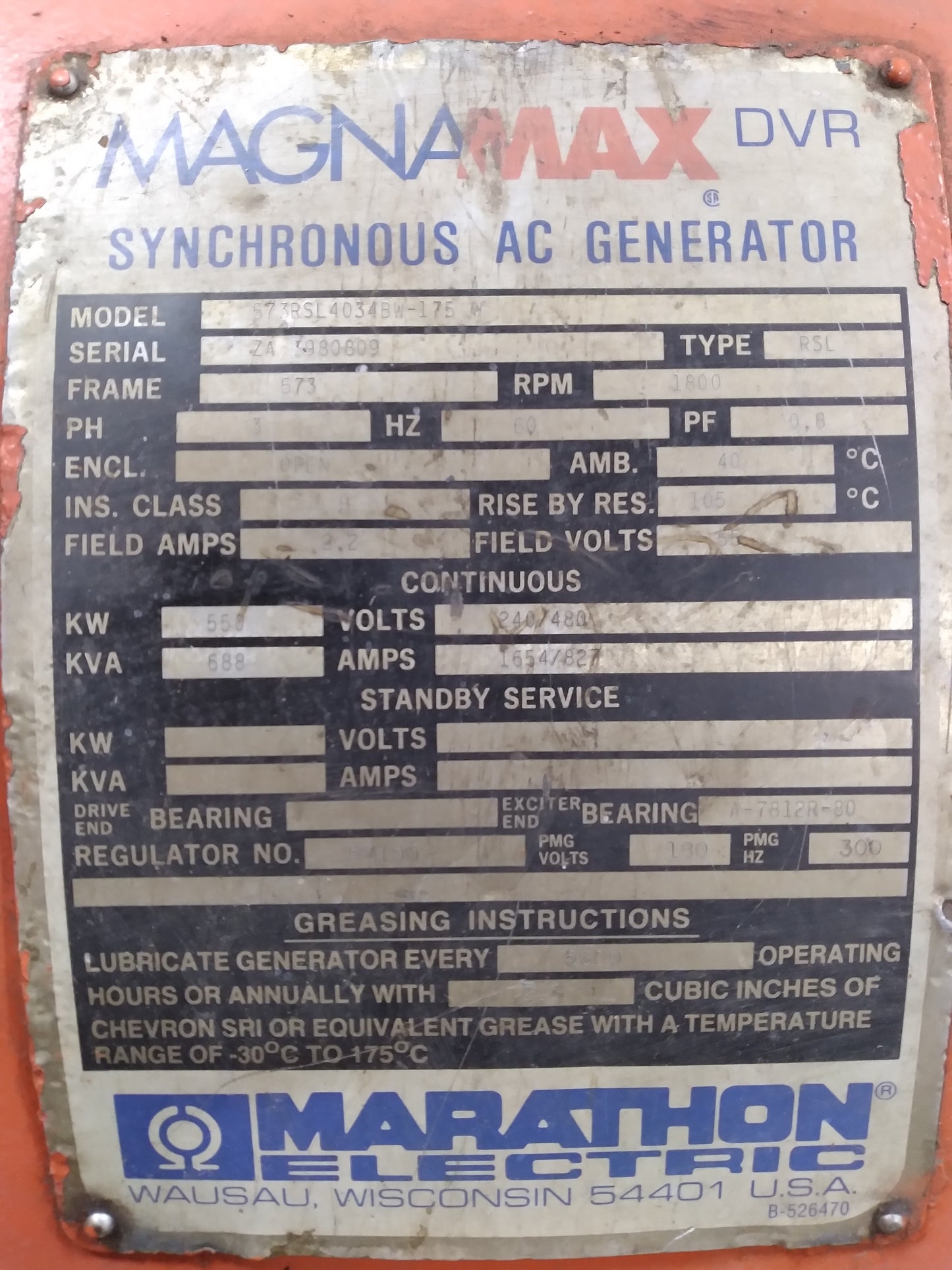 550 KW - Marathon Alternator, 480 V AC