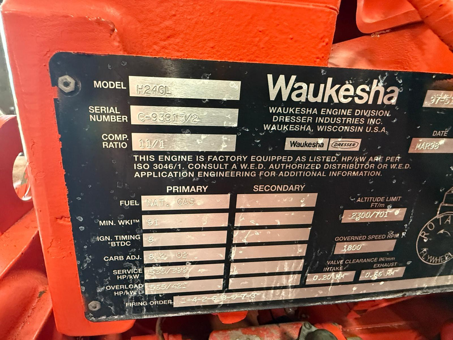 375 Kw - Waukesha VGF24GL Natural Gas Generator, 1800 rpm, 60 Hz, 480 vac