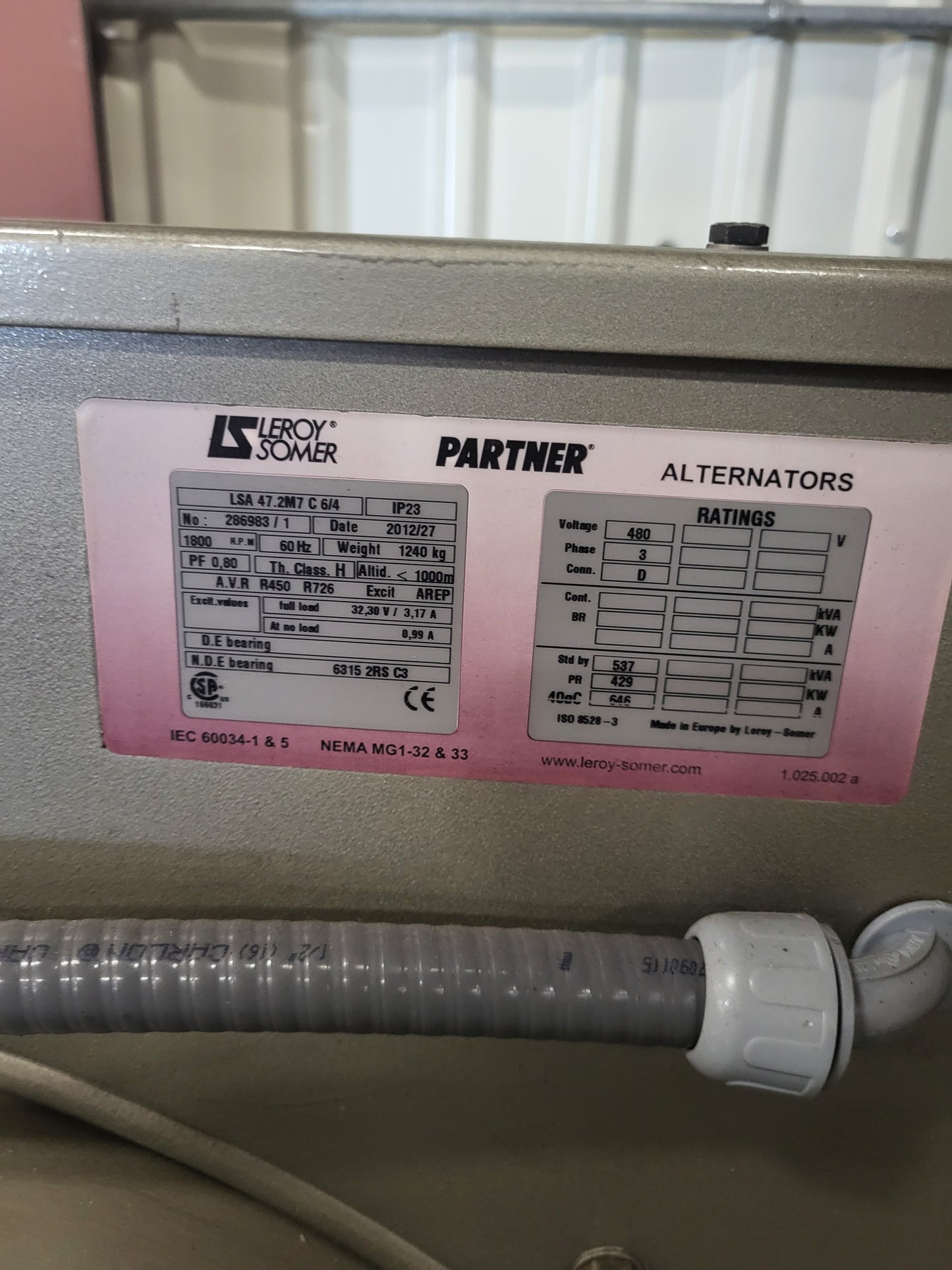 429 KW - Leroy Somer Alternator, LSA 47.2M7, 1800 rpm, 480 VAC