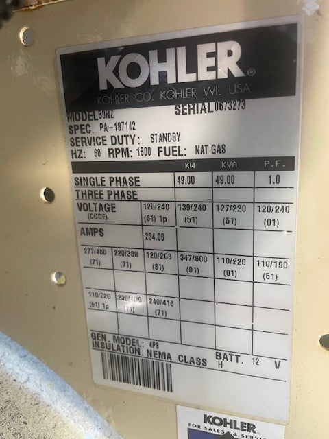 50 kw - KOHLER 50RZ natural gas fueled generator, 49 kw, 120/240 single phase