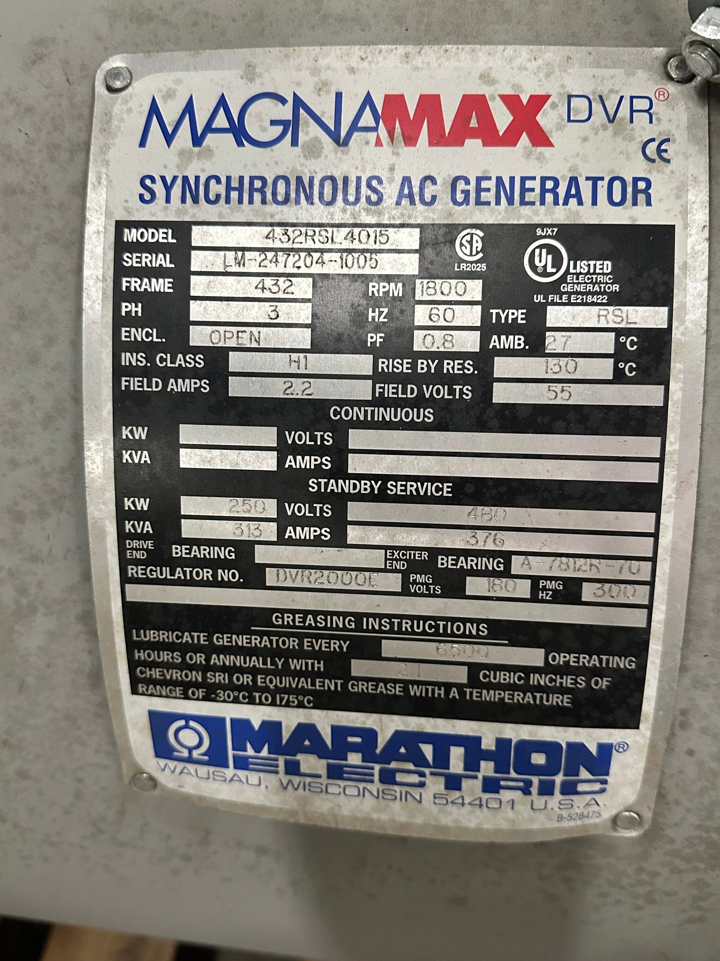 250kW Marathon Synchronous Alternator model 432RSL4015