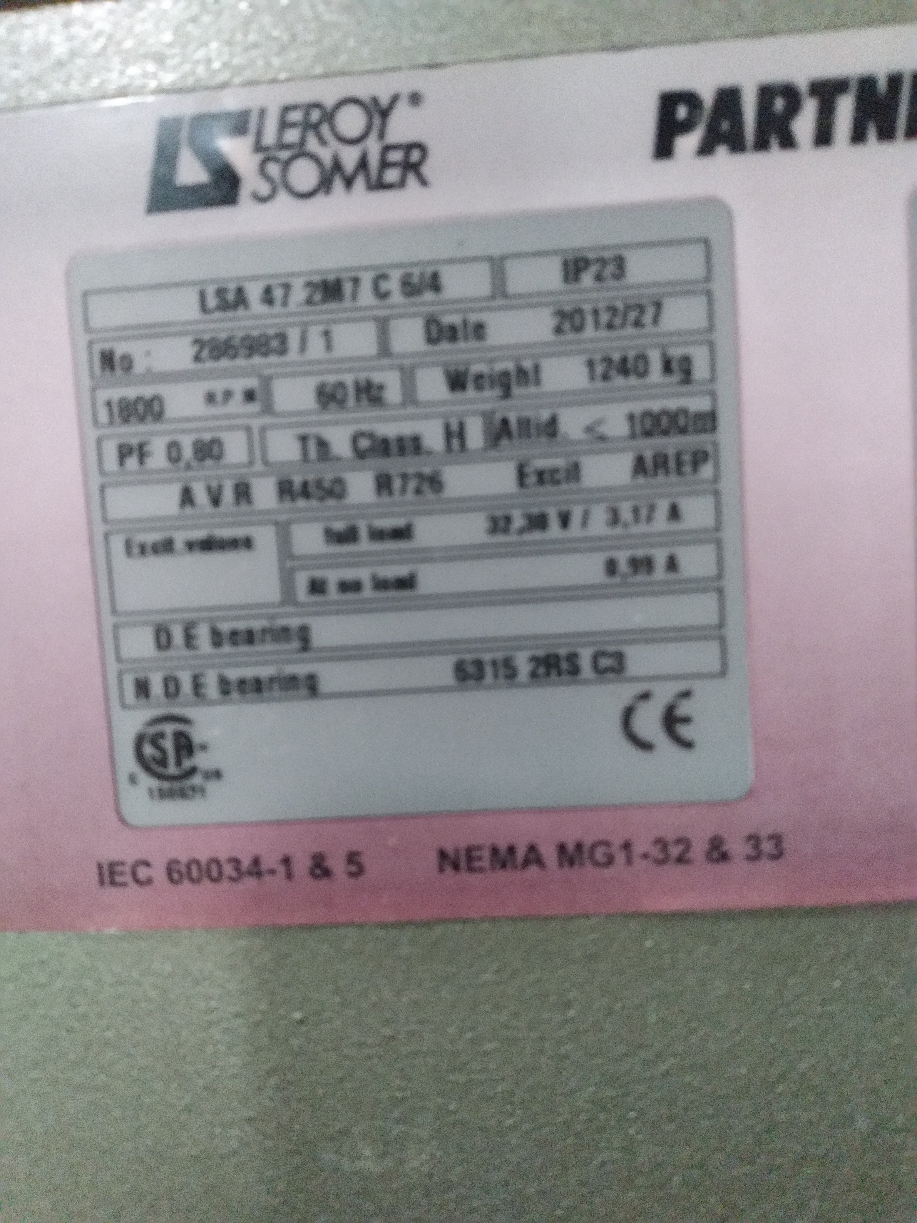 429 KW - Leroy Somer Alternator, LSA 47.2M7, 1800 rpm, 480 VAC