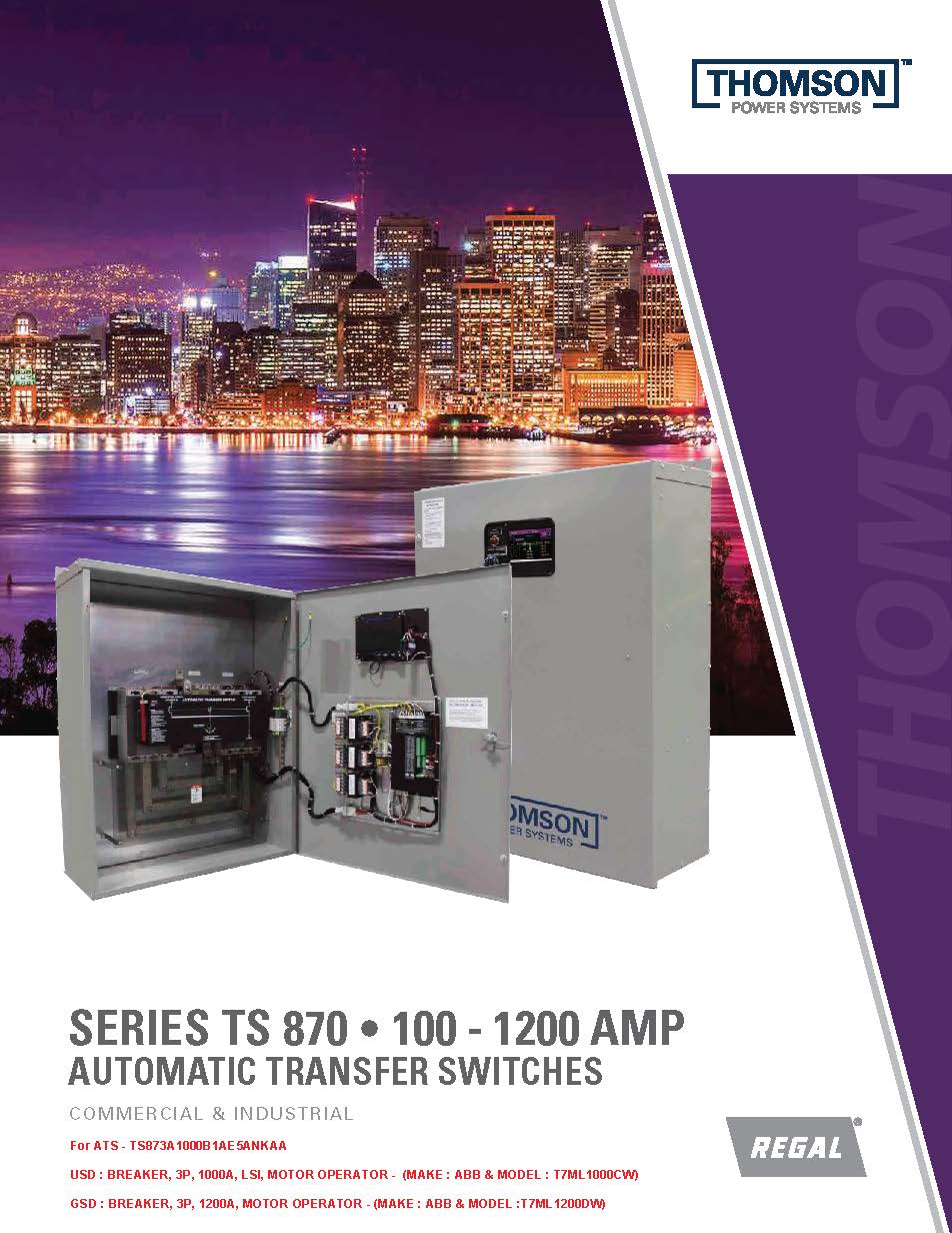 1000 Amp - Thomson Automatic Transfer Switch, Model: TS873A1000B1AE