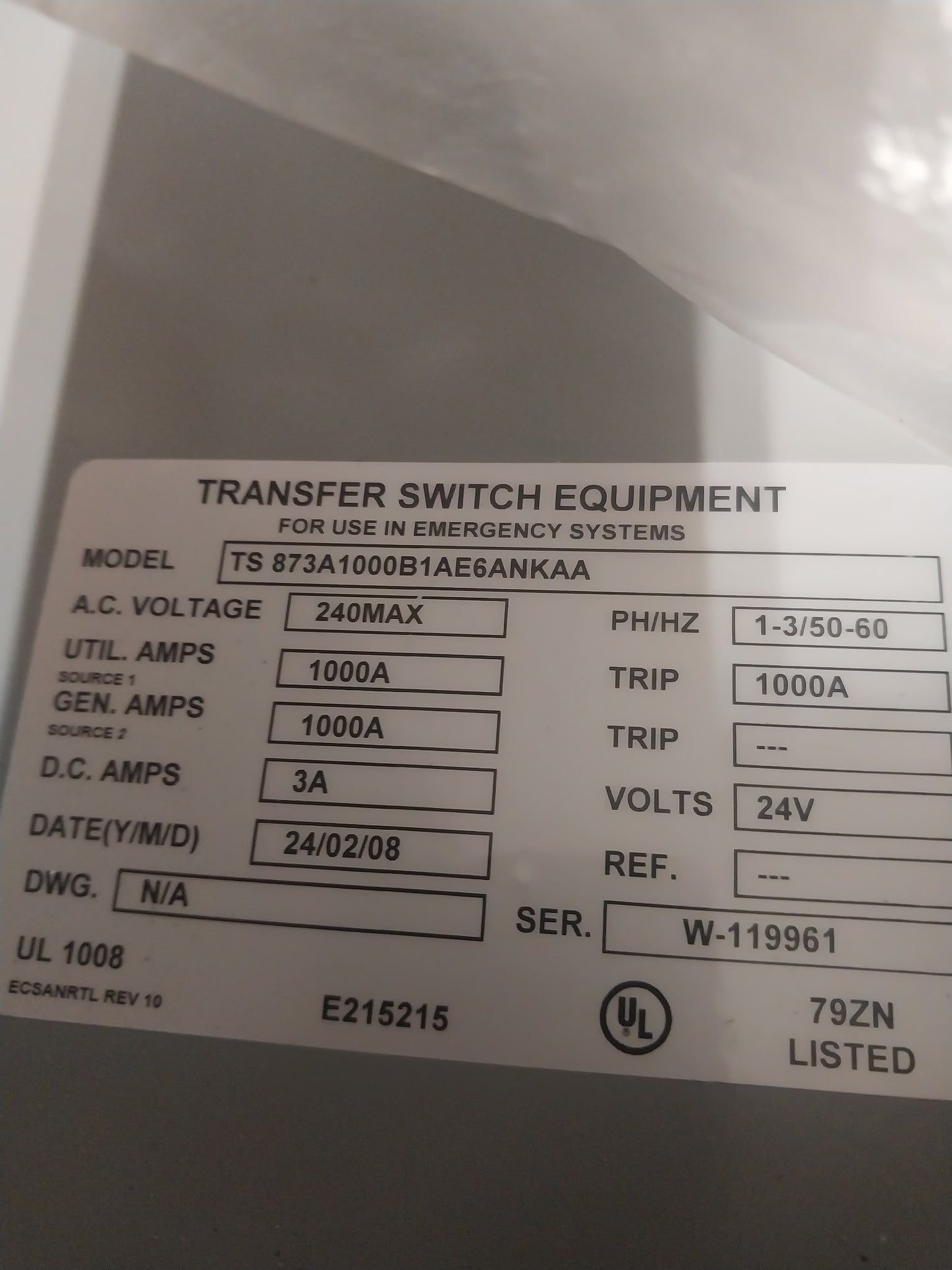 1000 Amp - Thomson Automatic Transfer Switch, Model: TS873A1000B1AE