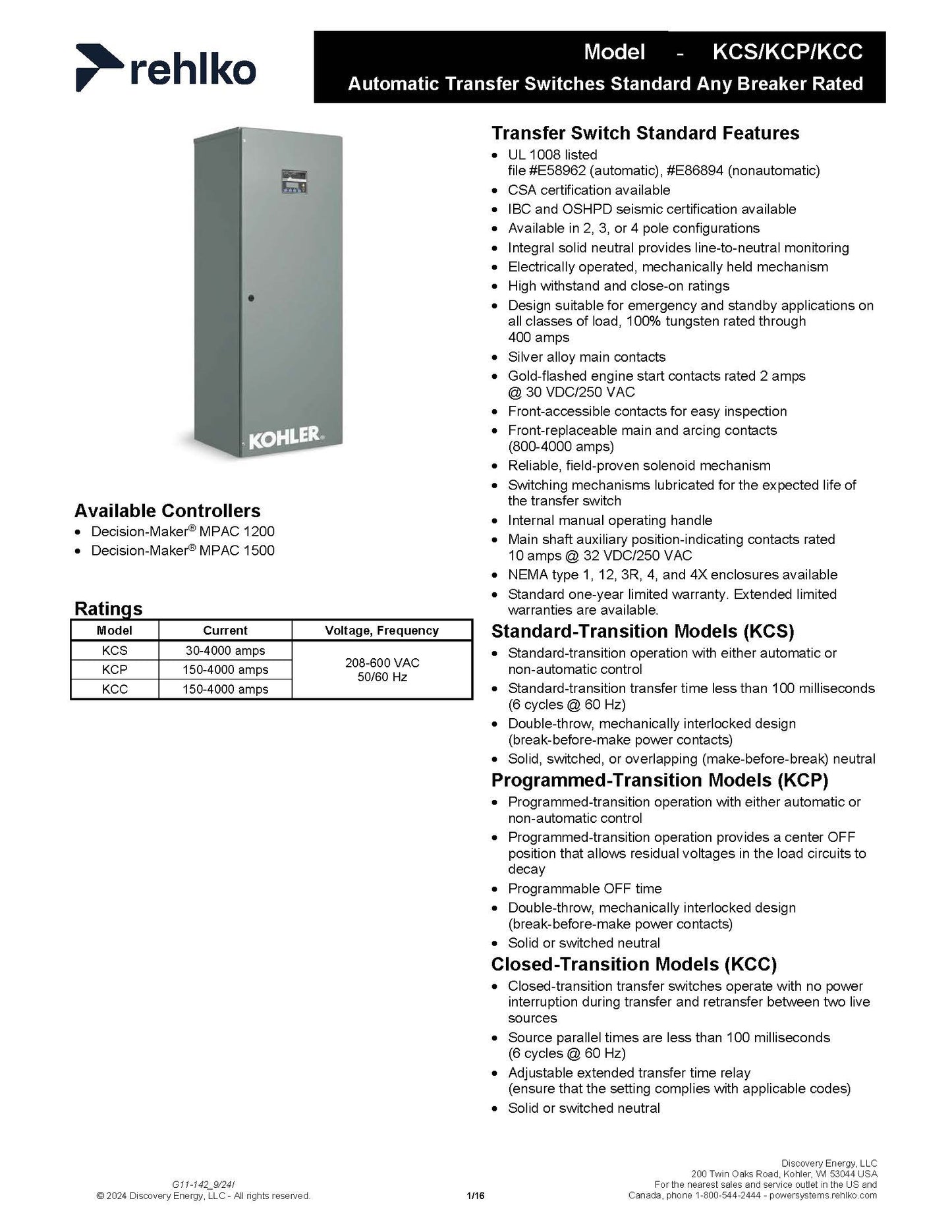 KOHLER KCS-DFNA-0600 Automatic Transfer Switch, standard transition, 600amp