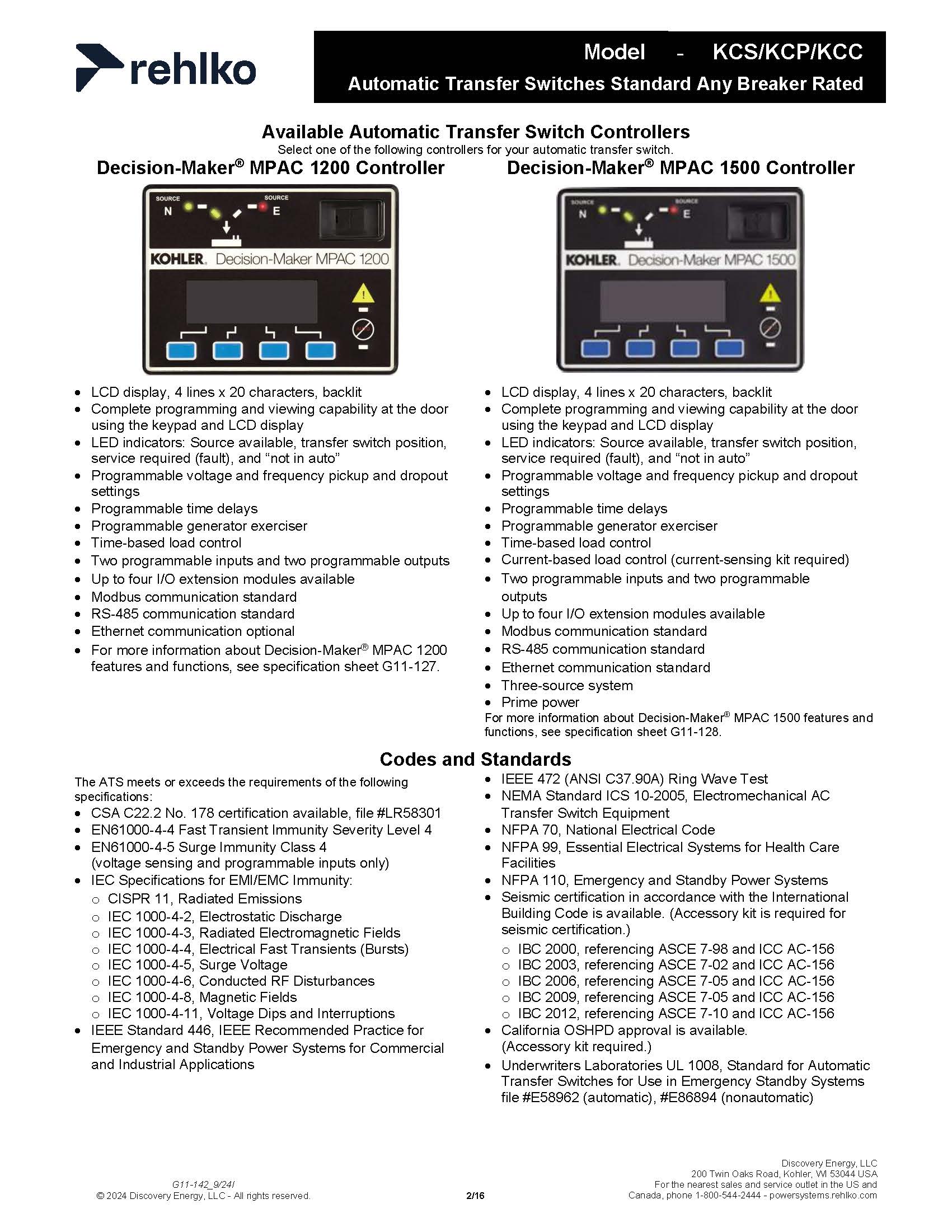 Kohler Transfer Switch, 150 Amp, 208 Volt, Programmed Transition