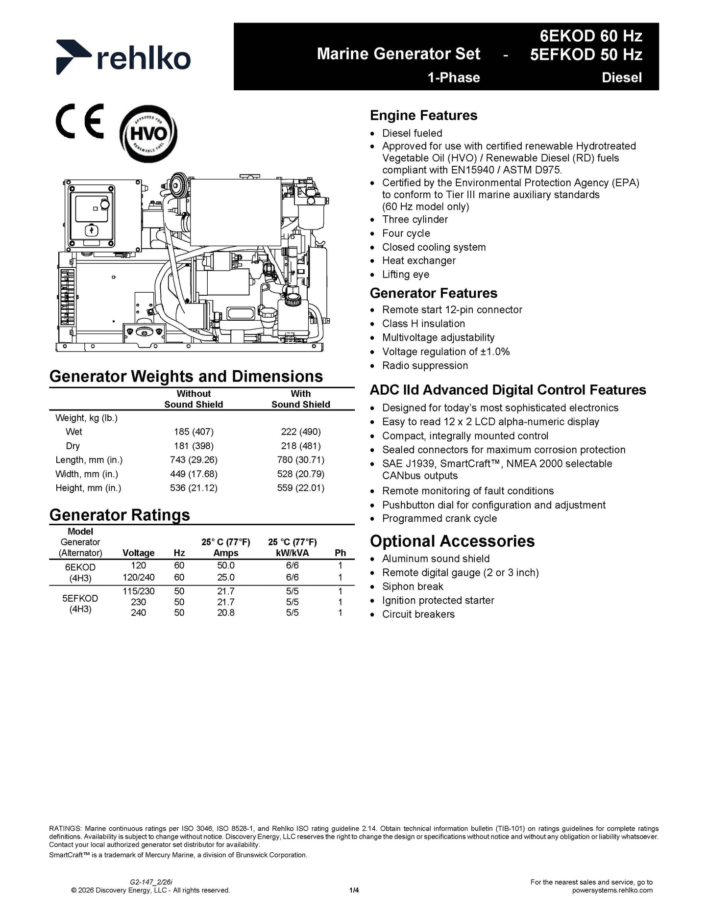 Kohler 6EKOD 6kw Marine Diesel Generator