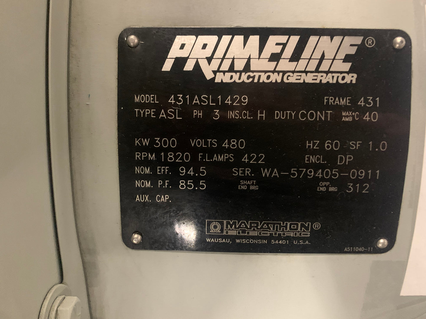 300 KW - Marathon Primeline induction generator model 431 ASL1429